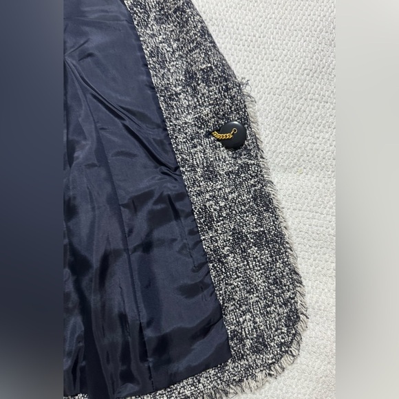 Talbots Women Size 4 Navy Blue White Boucle Tweed Fringe One Button Blazer - Picture 8 of 15